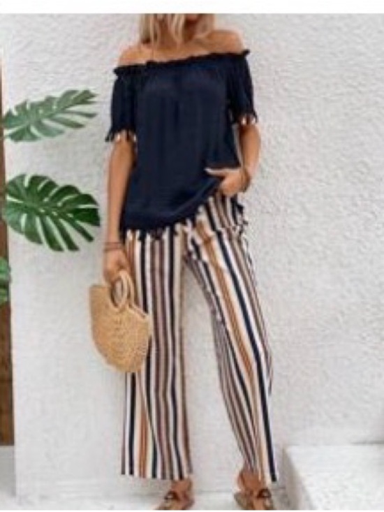 Pants - Navy Tassel Trim Off-Shoulder Top Striped Wide Legged Pants